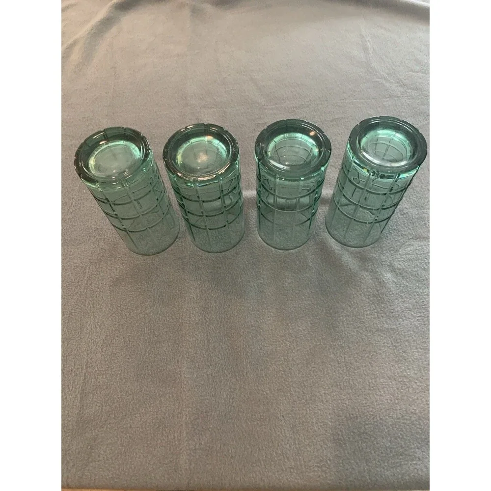Vintage Anchor Hocking Tartan Green Drinking  Glasses Set of 4 16oz Ice Tea
